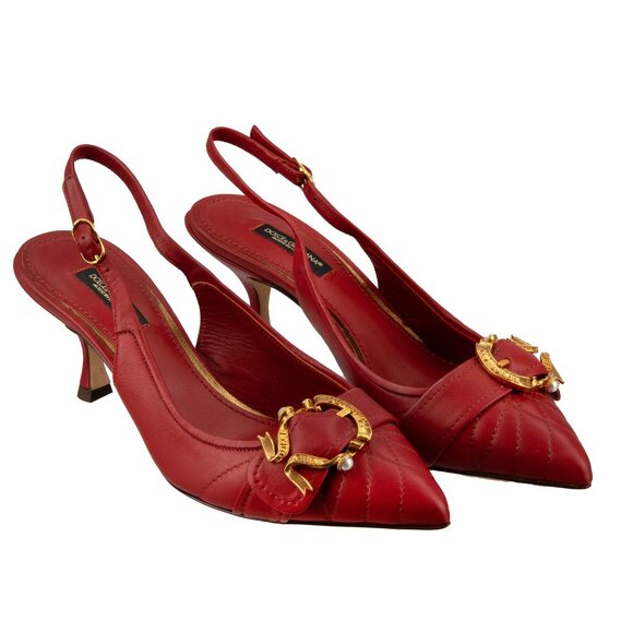 Dolce & Gabbana - DEVOTION Pearl Buckle Slingbacks Leather Pumps LORI Red EUR 37 - Picture 1 of 5